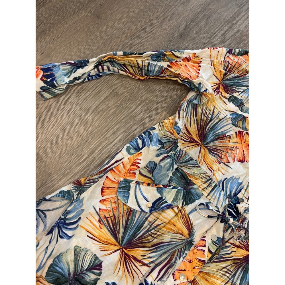 Chicos Tropical Leaf Print Linen Utility Shirt Jacket Drawstring Waist Size 3 XL - Picture 3 of 9
